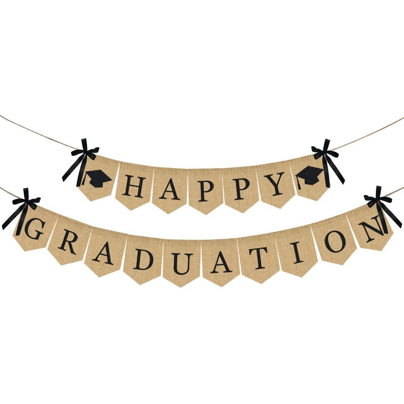 Partyprops Burlap Happy Graduation Banner | Rustic Vintage Graduation Decorations | Perfect for Grad Party Supplies 2025 | Grad Party Decor for Home, College, Senior, High School Prom Decorations - Image 1